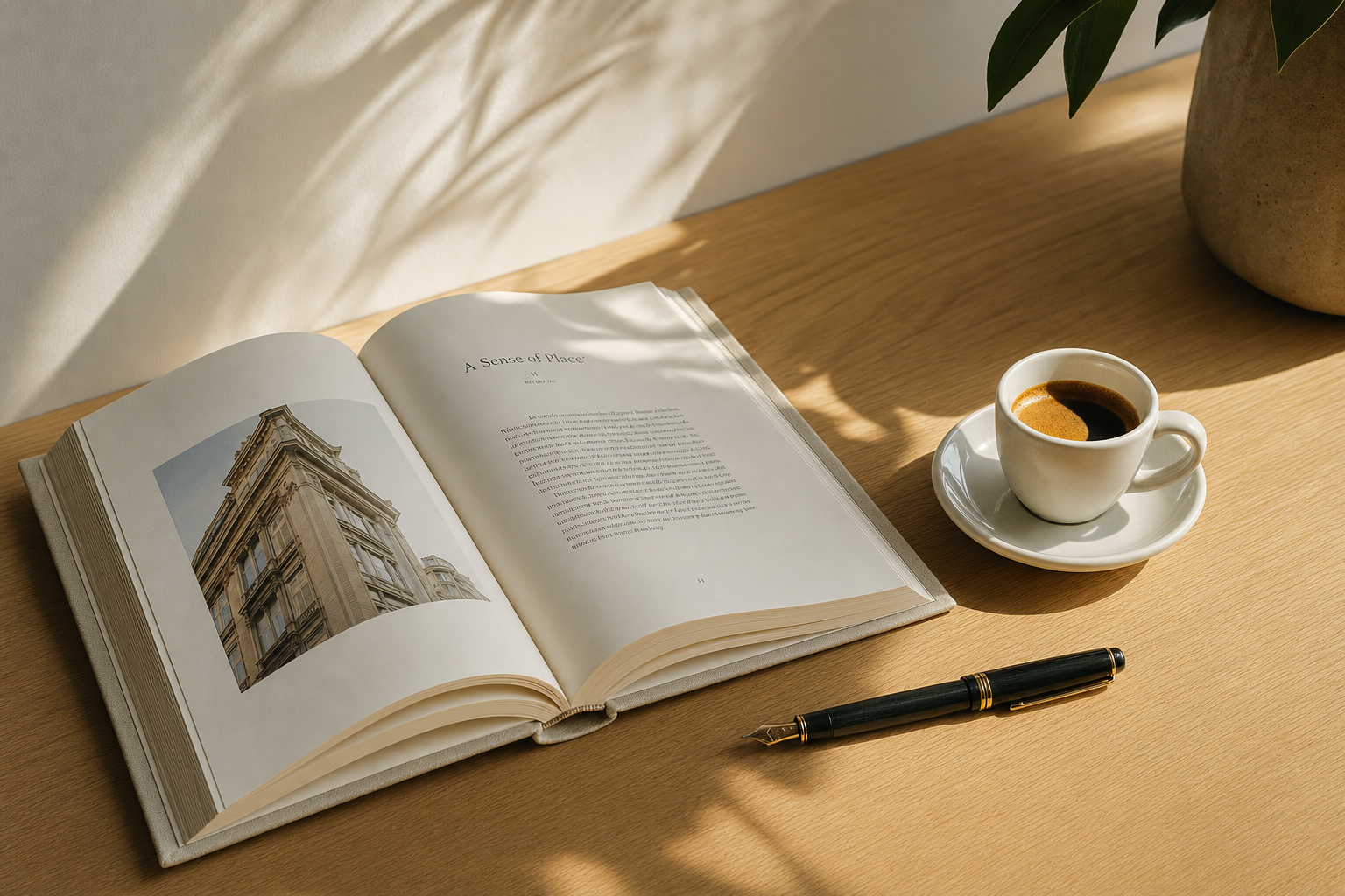 Heller Schreibtisch mit Buch, Espresso­tasse und Füllfederhalter im warmen Tageslicht