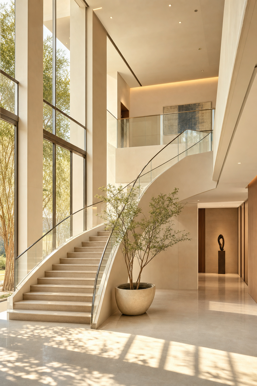 Helle moderne Architektur mit Glasflächen und warmem Sonnenlicht